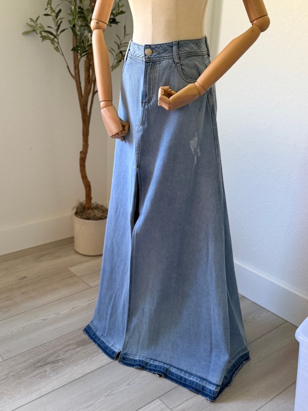 Light Blue Denim Maxi Skirt with Front Slit